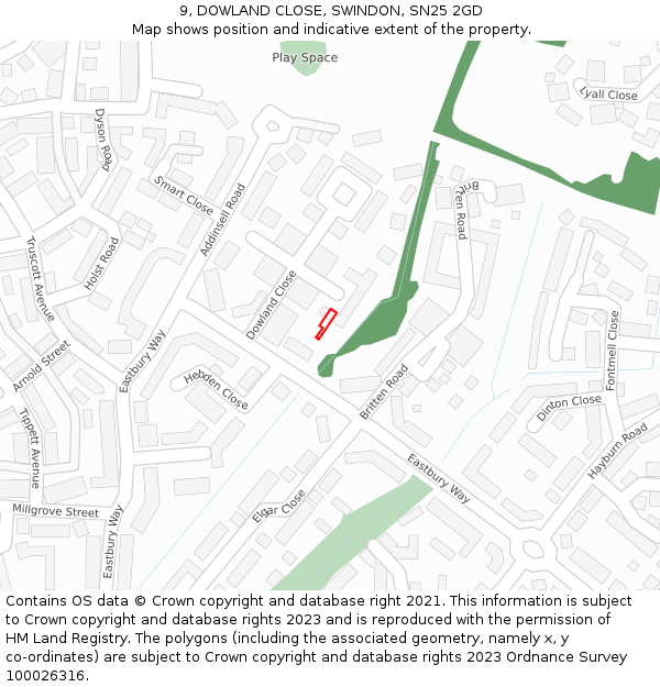 9, DOWLAND CLOSE, SWINDON, SN25 2GD: Location map and indicative extent of plot