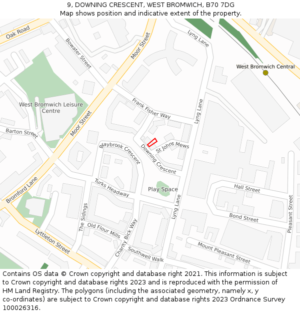 9, DOWNING CRESCENT, WEST BROMWICH, B70 7DG: Location map and indicative extent of plot
