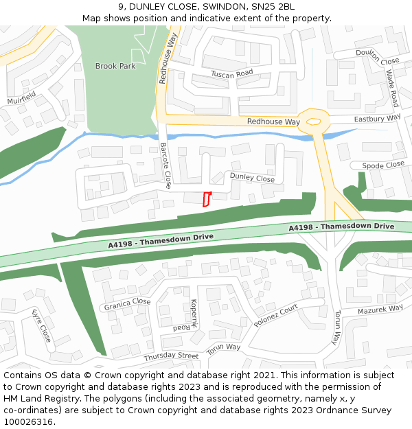 9, DUNLEY CLOSE, SWINDON, SN25 2BL: Location map and indicative extent of plot