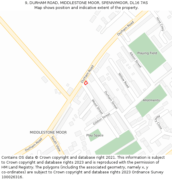 9, DURHAM ROAD, MIDDLESTONE MOOR, SPENNYMOOR, DL16 7AS: Location map and indicative extent of plot