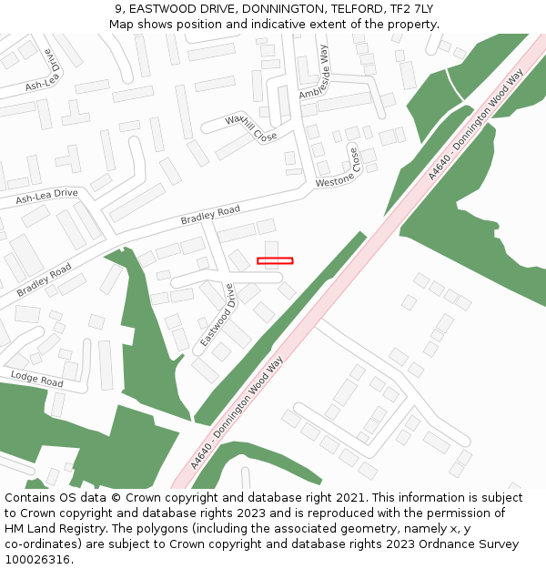 9, EASTWOOD DRIVE, DONNINGTON, TELFORD, TF2 7LY: Location map and indicative extent of plot