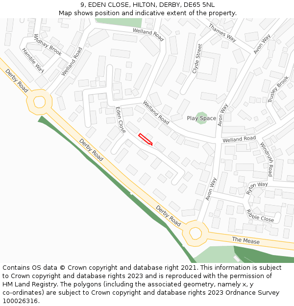 9, EDEN CLOSE, HILTON, DERBY, DE65 5NL: Location map and indicative extent of plot
