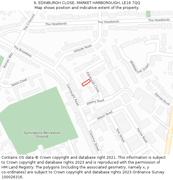 9, EDINBURGH CLOSE, MARKET HARBOROUGH, LE16 7QQ: Location map and indicative extent of plot