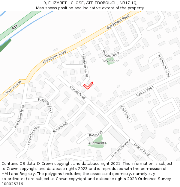 9, ELIZABETH CLOSE, ATTLEBOROUGH, NR17 1QJ: Location map and indicative extent of plot