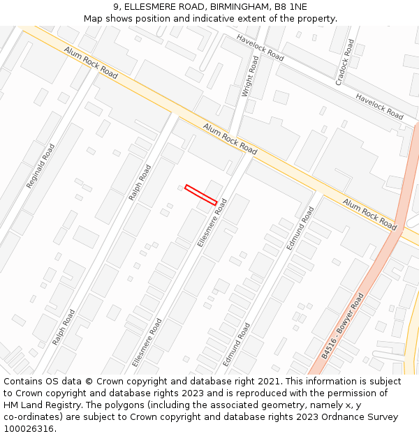 9, ELLESMERE ROAD, BIRMINGHAM, B8 1NE: Location map and indicative extent of plot