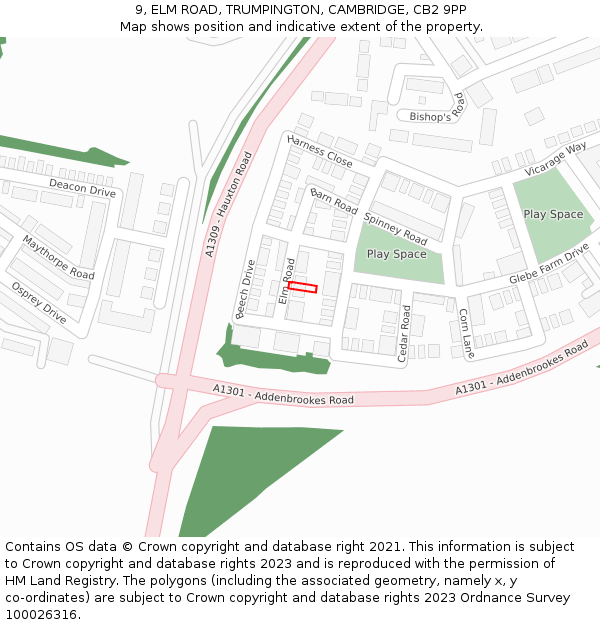 9, ELM ROAD, TRUMPINGTON, CAMBRIDGE, CB2 9PP: Location map and indicative extent of plot