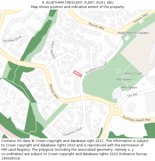 9, ELVETHAM CRESCENT, FLEET, GU51 1BU: Location map and indicative extent of plot