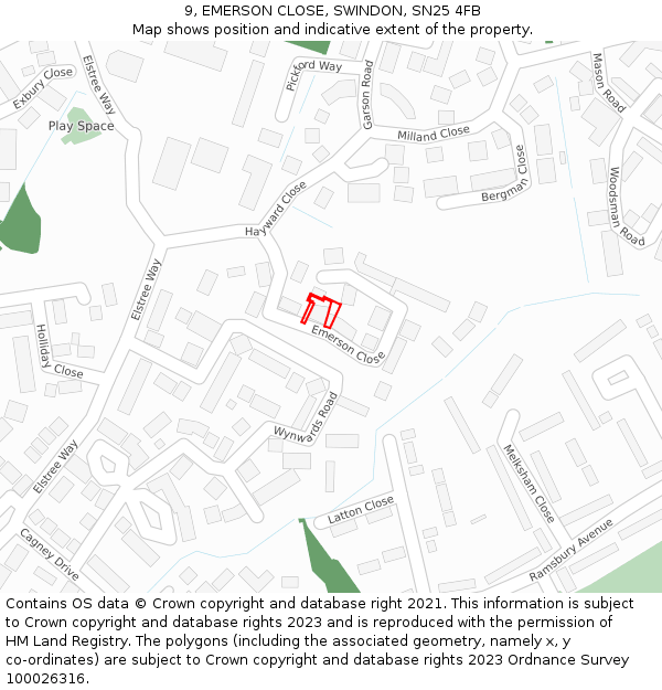 9, EMERSON CLOSE, SWINDON, SN25 4FB: Location map and indicative extent of plot