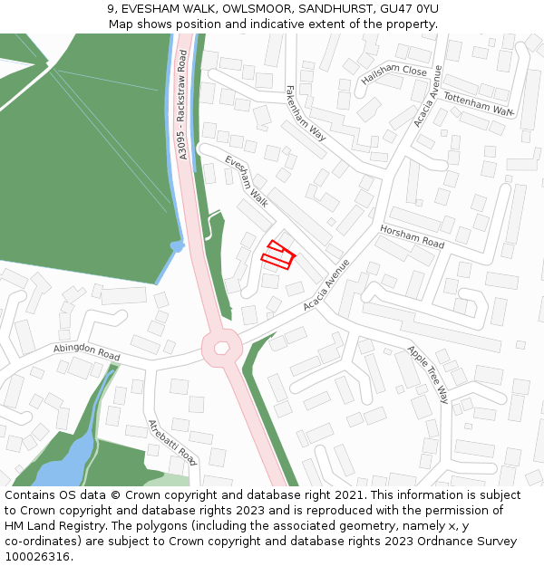 9, EVESHAM WALK, OWLSMOOR, SANDHURST, GU47 0YU: Location map and indicative extent of plot