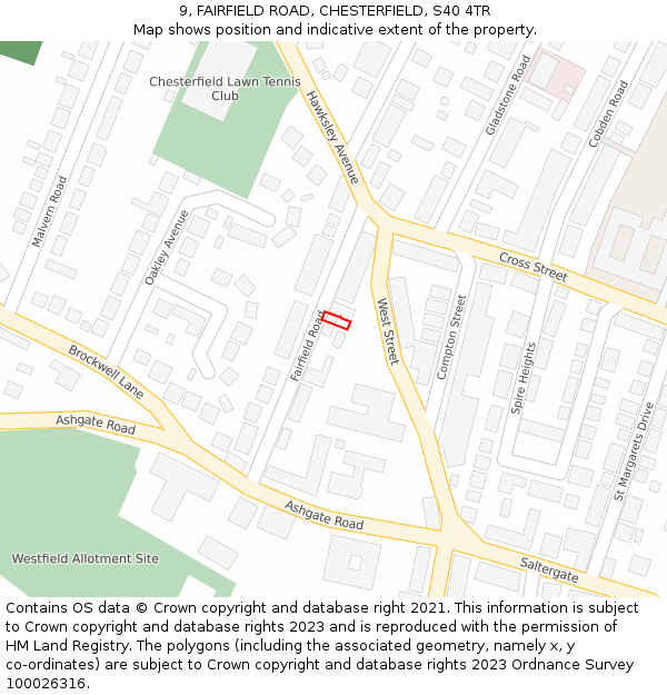 9, FAIRFIELD ROAD, CHESTERFIELD, S40 4TR: Location map and indicative extent of plot