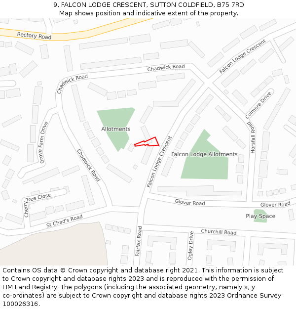 9, FALCON LODGE CRESCENT, SUTTON COLDFIELD, B75 7RD: Location map and indicative extent of plot