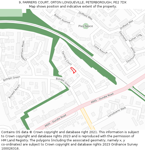 9, FARRIERS COURT, ORTON LONGUEVILLE, PETERBOROUGH, PE2 7DX: Location map and indicative extent of plot