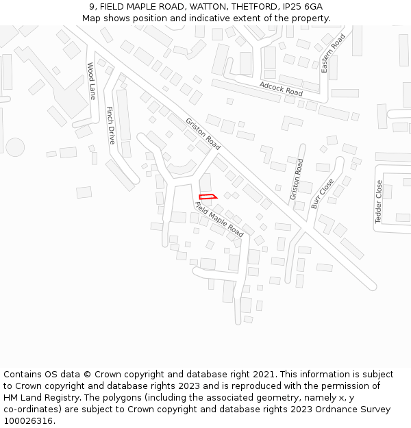 9, FIELD MAPLE ROAD, WATTON, THETFORD, IP25 6GA: Location map and indicative extent of plot