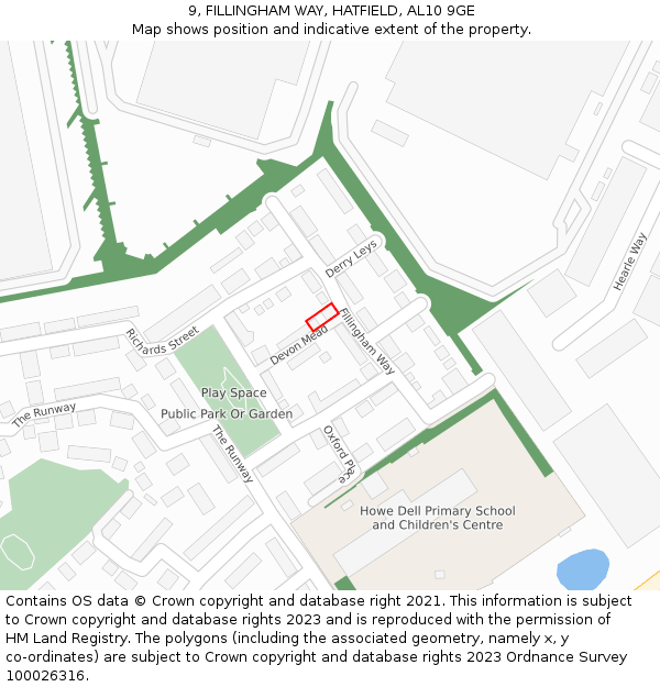 9, FILLINGHAM WAY, HATFIELD, AL10 9GE: Location map and indicative extent of plot