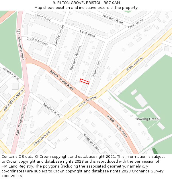 9, FILTON GROVE, BRISTOL, BS7 0AN: Location map and indicative extent of plot