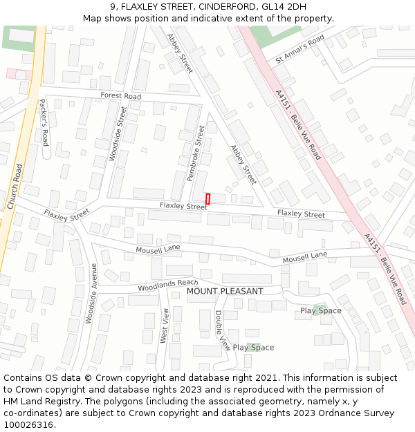 9, FLAXLEY STREET, CINDERFORD, GL14 2DH: Location map and indicative extent of plot