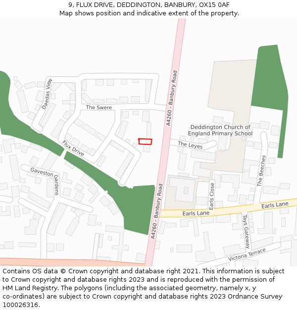 9, FLUX DRIVE, DEDDINGTON, BANBURY, OX15 0AF: Location map and indicative extent of plot