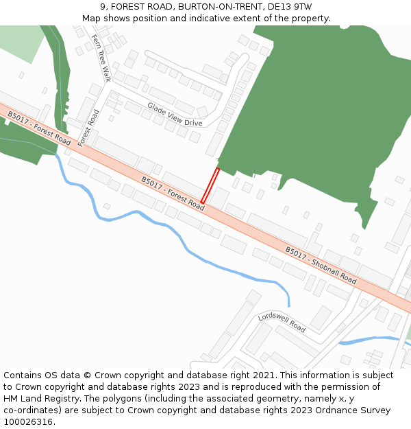 9, FOREST ROAD, BURTON-ON-TRENT, DE13 9TW: Location map and indicative extent of plot