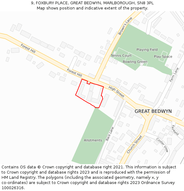 9, FOXBURY PLACE, GREAT BEDWYN, MARLBOROUGH, SN8 3PL: Location map and indicative extent of plot