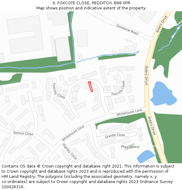 9, FOXCOTE CLOSE, REDDITCH, B98 0PR: Location map and indicative extent of plot