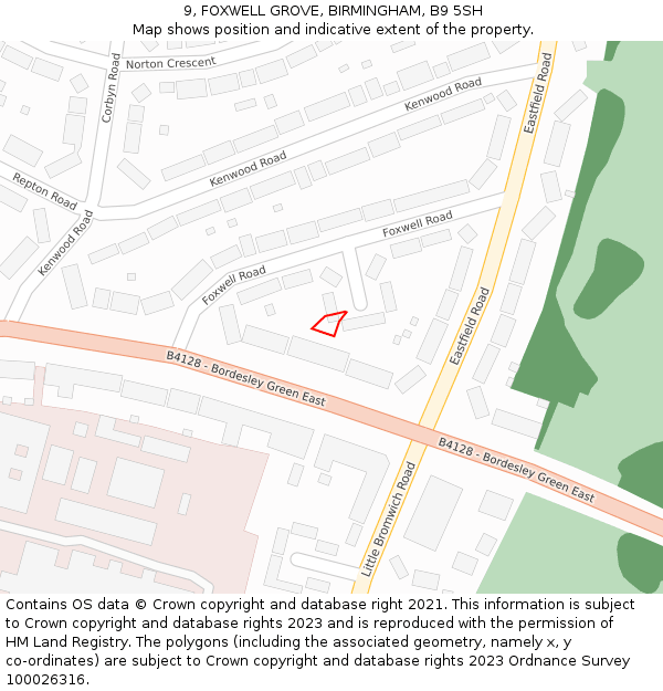 9, FOXWELL GROVE, BIRMINGHAM, B9 5SH: Location map and indicative extent of plot