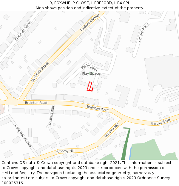 9, FOXWHELP CLOSE, HEREFORD, HR4 0PL: Location map and indicative extent of plot