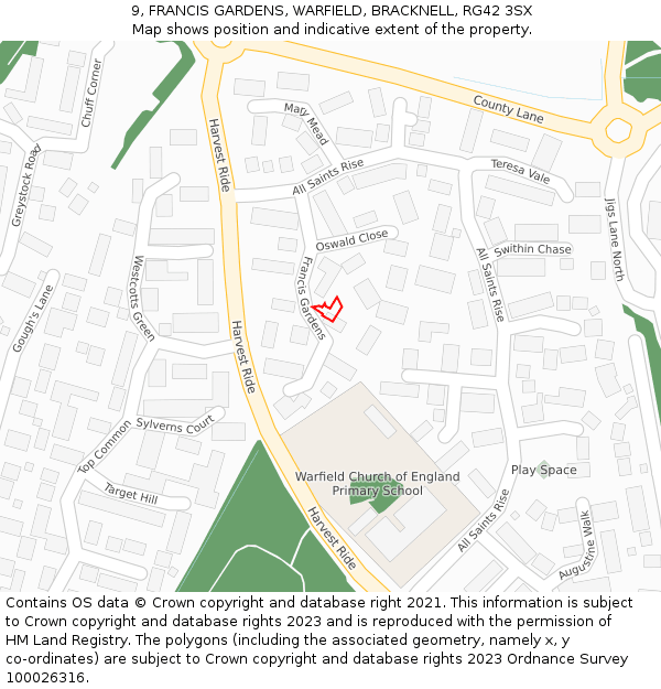 9, FRANCIS GARDENS, WARFIELD, BRACKNELL, RG42 3SX: Location map and indicative extent of plot