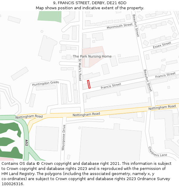 9, FRANCIS STREET, DERBY, DE21 6DD: Location map and indicative extent of plot