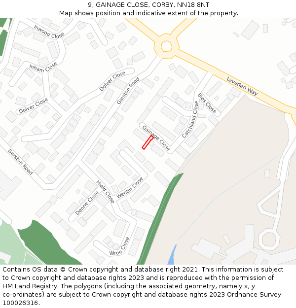 9, GAINAGE CLOSE, CORBY, NN18 8NT: Location map and indicative extent of plot