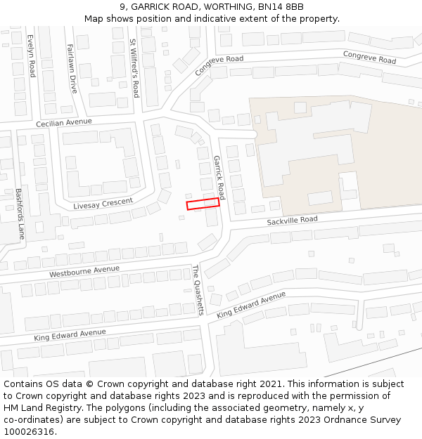 9, GARRICK ROAD, WORTHING, BN14 8BB: Location map and indicative extent of plot