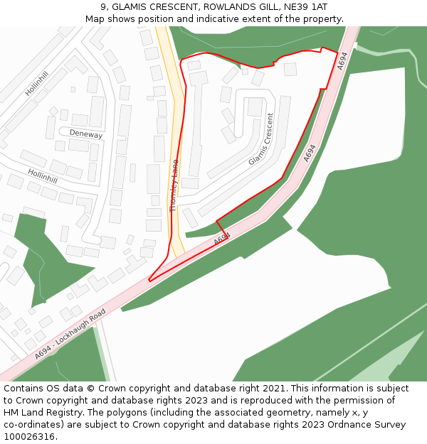 9, GLAMIS CRESCENT, ROWLANDS GILL, NE39 1AT: Location map and indicative extent of plot