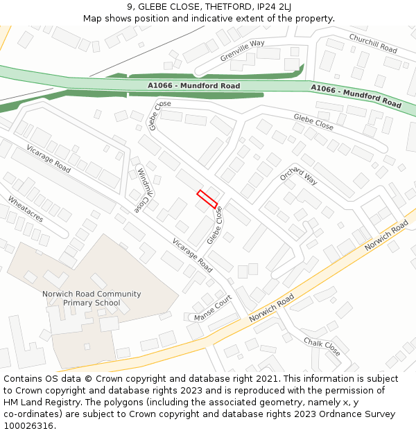 9, GLEBE CLOSE, THETFORD, IP24 2LJ: Location map and indicative extent of plot