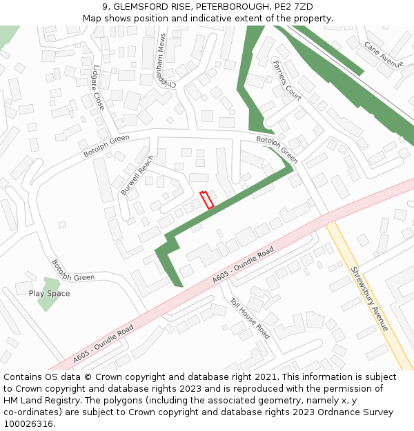 9, GLEMSFORD RISE, PETERBOROUGH, PE2 7ZD: Location map and indicative extent of plot