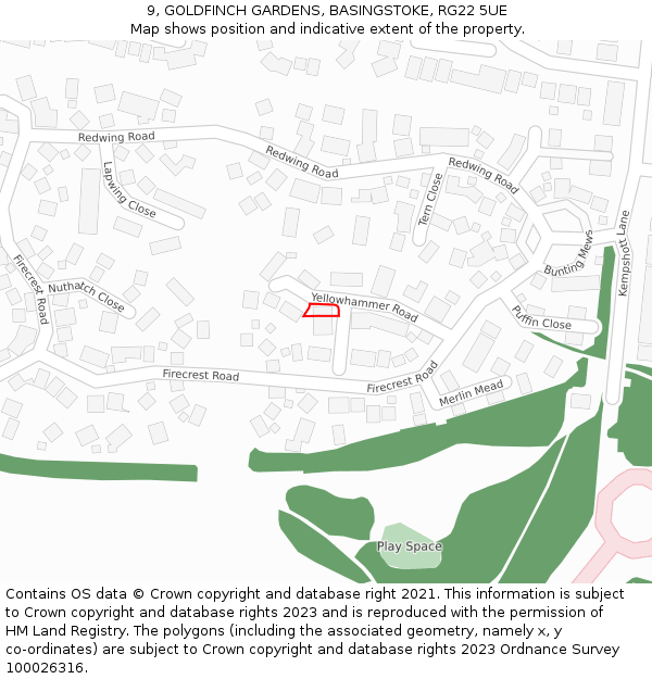 9, GOLDFINCH GARDENS, BASINGSTOKE, RG22 5UE: Location map and indicative extent of plot
