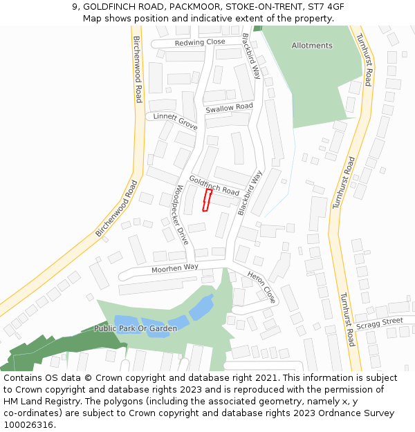9, GOLDFINCH ROAD, PACKMOOR, STOKE-ON-TRENT, ST7 4GF: Location map and indicative extent of plot