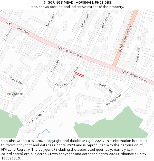 9, GORINGS MEAD, HORSHAM, RH13 5BS: Location map and indicative extent of plot
