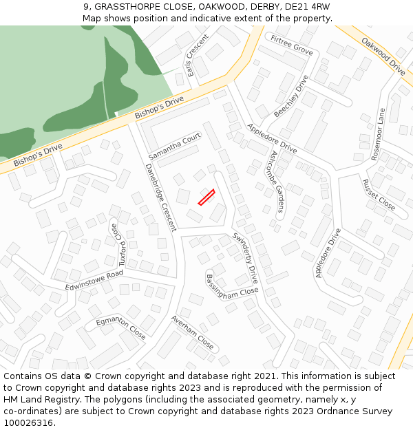 9, GRASSTHORPE CLOSE, OAKWOOD, DERBY, DE21 4RW: Location map and indicative extent of plot