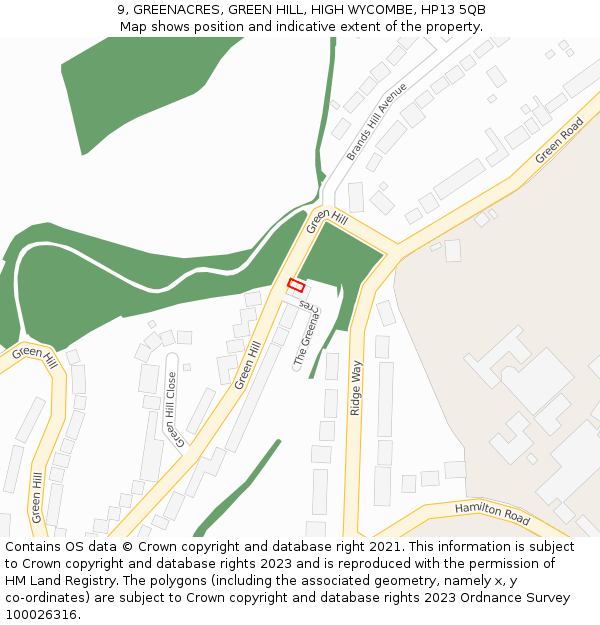9, GREENACRES, GREEN HILL, HIGH WYCOMBE, HP13 5QB: Location map and indicative extent of plot