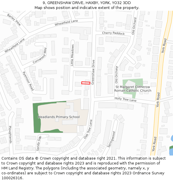 9, GREENSHAW DRIVE, HAXBY, YORK, YO32 3DD: Location map and indicative extent of plot