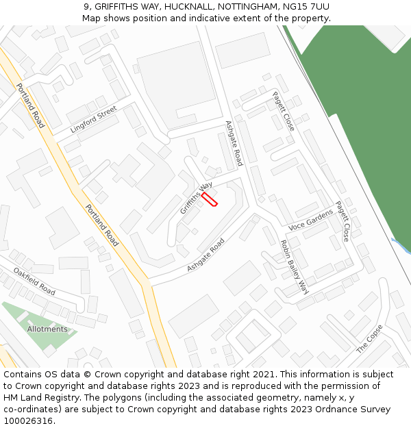 9, GRIFFITHS WAY, HUCKNALL, NOTTINGHAM, NG15 7UU: Location map and indicative extent of plot