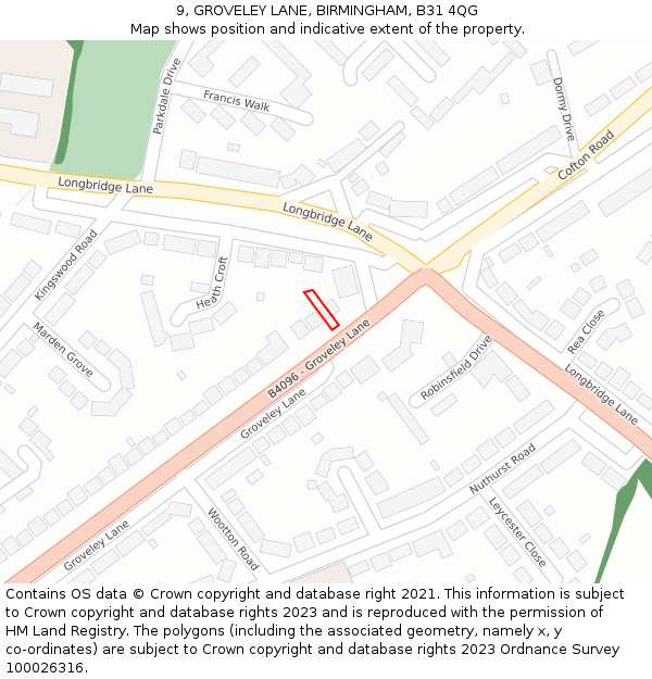 9, GROVELEY LANE, BIRMINGHAM, B31 4QG: Location map and indicative extent of plot