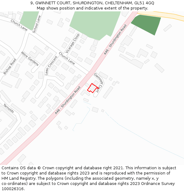 9, GWINNETT COURT, SHURDINGTON, CHELTENHAM, GL51 4GQ: Location map and indicative extent of plot