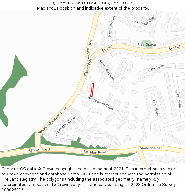 9, HAMELDOWN CLOSE, TORQUAY, TQ2 7JJ: Location map and indicative extent of plot