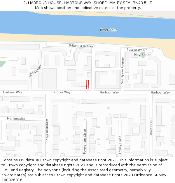 9, HARBOUR HOUSE, HARBOUR WAY, SHOREHAM-BY-SEA, BN43 5HZ: Location map and indicative extent of plot
