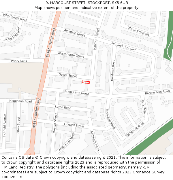 9, HARCOURT STREET, STOCKPORT, SK5 6UB: Location map and indicative extent of plot