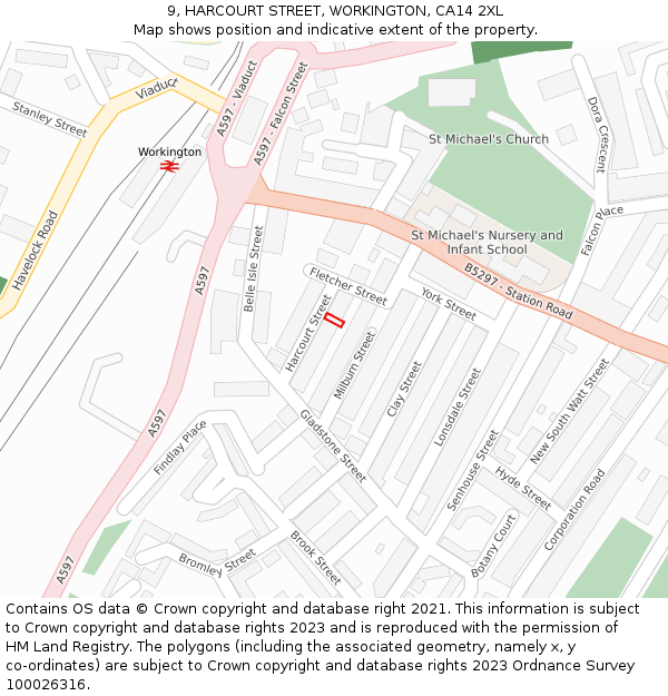 9, HARCOURT STREET, WORKINGTON, CA14 2XL: Location map and indicative extent of plot