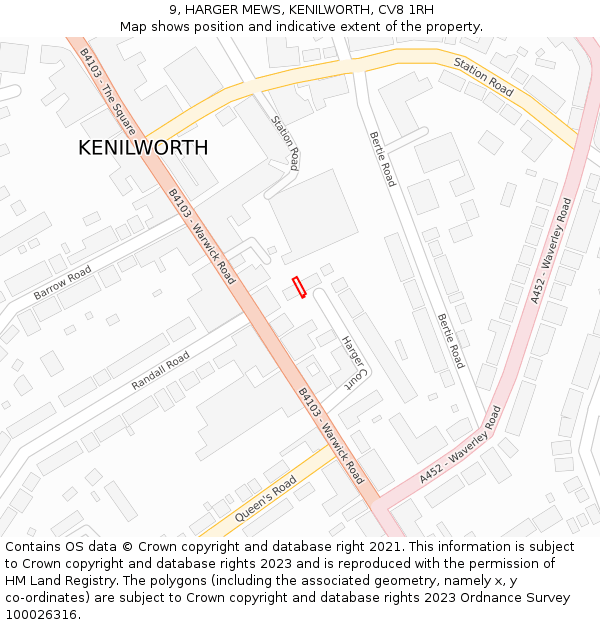 9, HARGER MEWS, KENILWORTH, CV8 1RH: Location map and indicative extent of plot