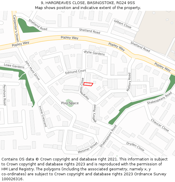 9, HARGREAVES CLOSE, BASINGSTOKE, RG24 9SS: Location map and indicative extent of plot