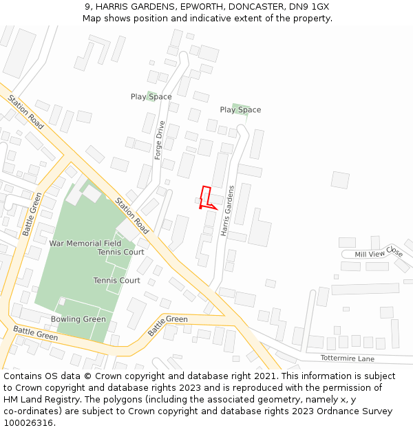 9, HARRIS GARDENS, EPWORTH, DONCASTER, DN9 1GX: Location map and indicative extent of plot