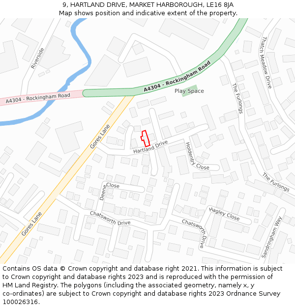 9, HARTLAND DRIVE, MARKET HARBOROUGH, LE16 8JA: Location map and indicative extent of plot